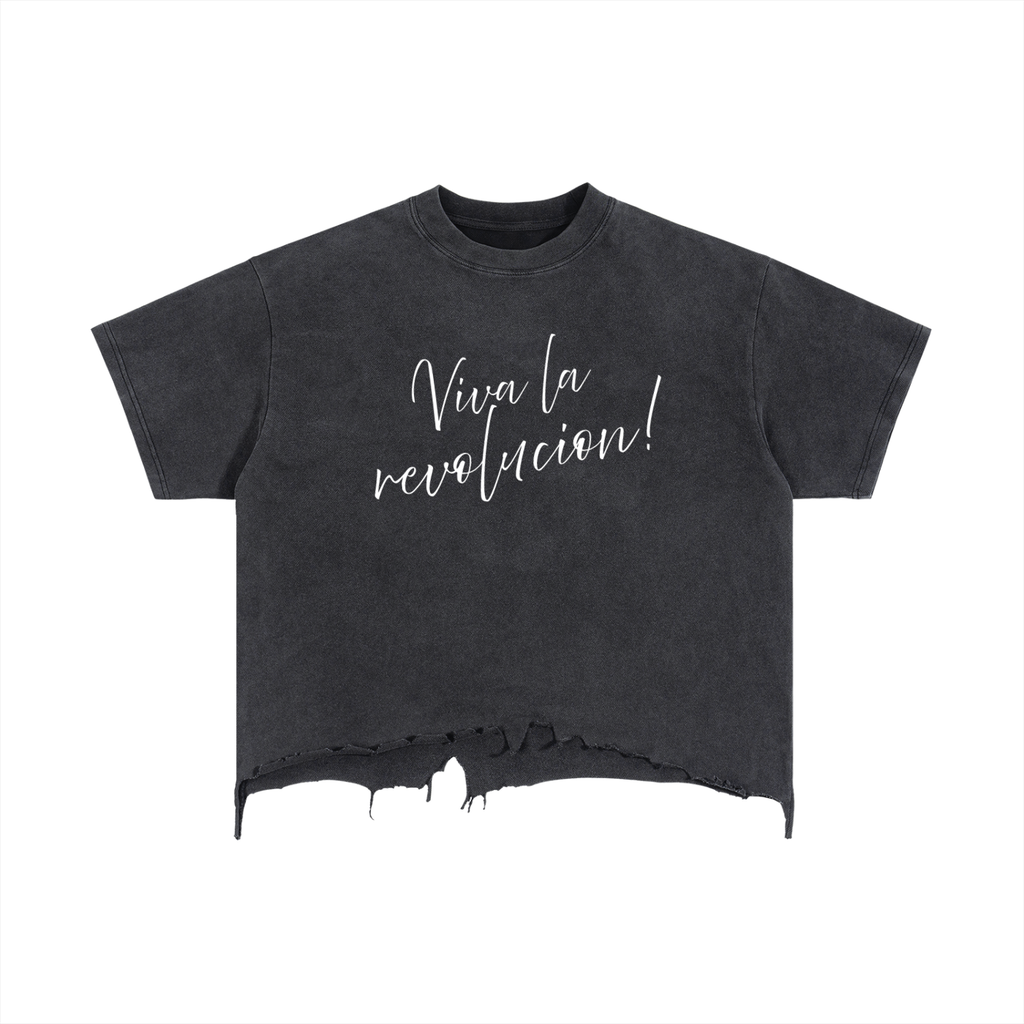 Vintage Wash "Viva la Revolución!" Boxy Distressed Hem T-Shirt | Unisex 100% Cotton Graphic Tee | Statement Apparel