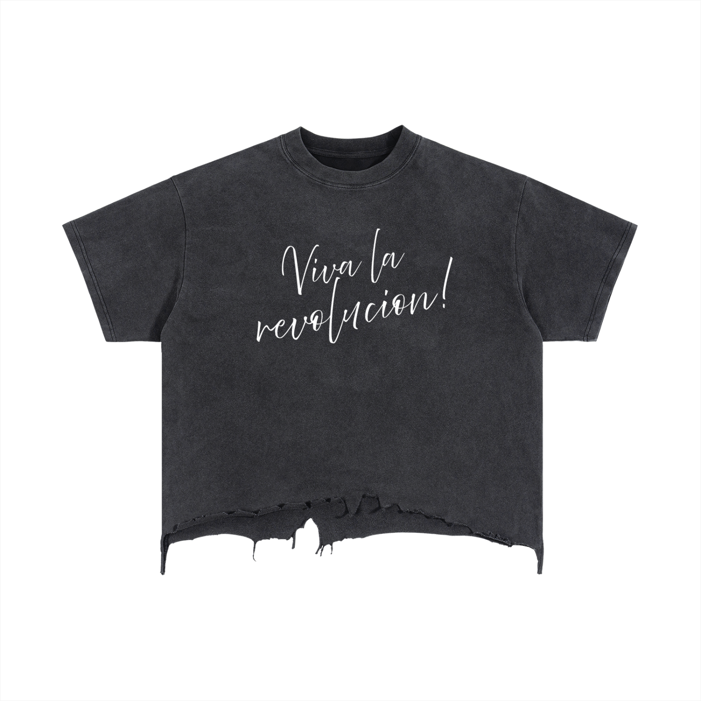 Vintage Wash "Viva la Revolución!" Boxy Distressed Hem T-Shirt | Unisex 100% Cotton Graphic Tee | Statement Apparel